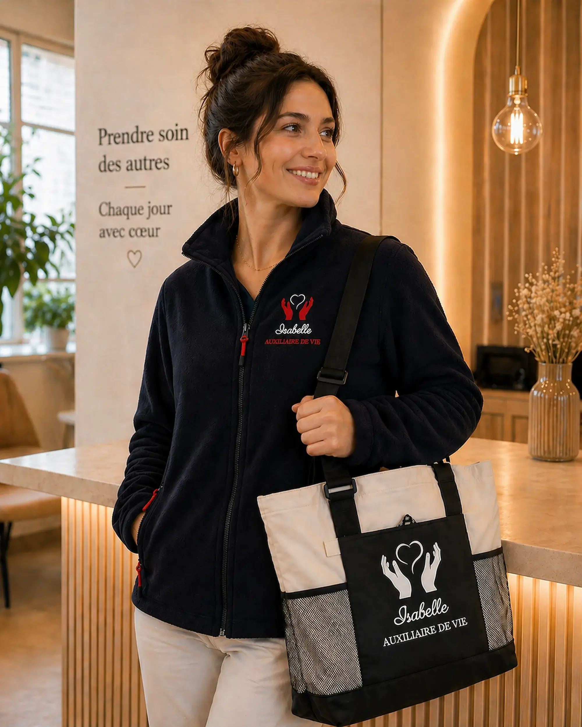 professionnelle portant une polaire personnalisée brodée avec sac professionnel personnalisé