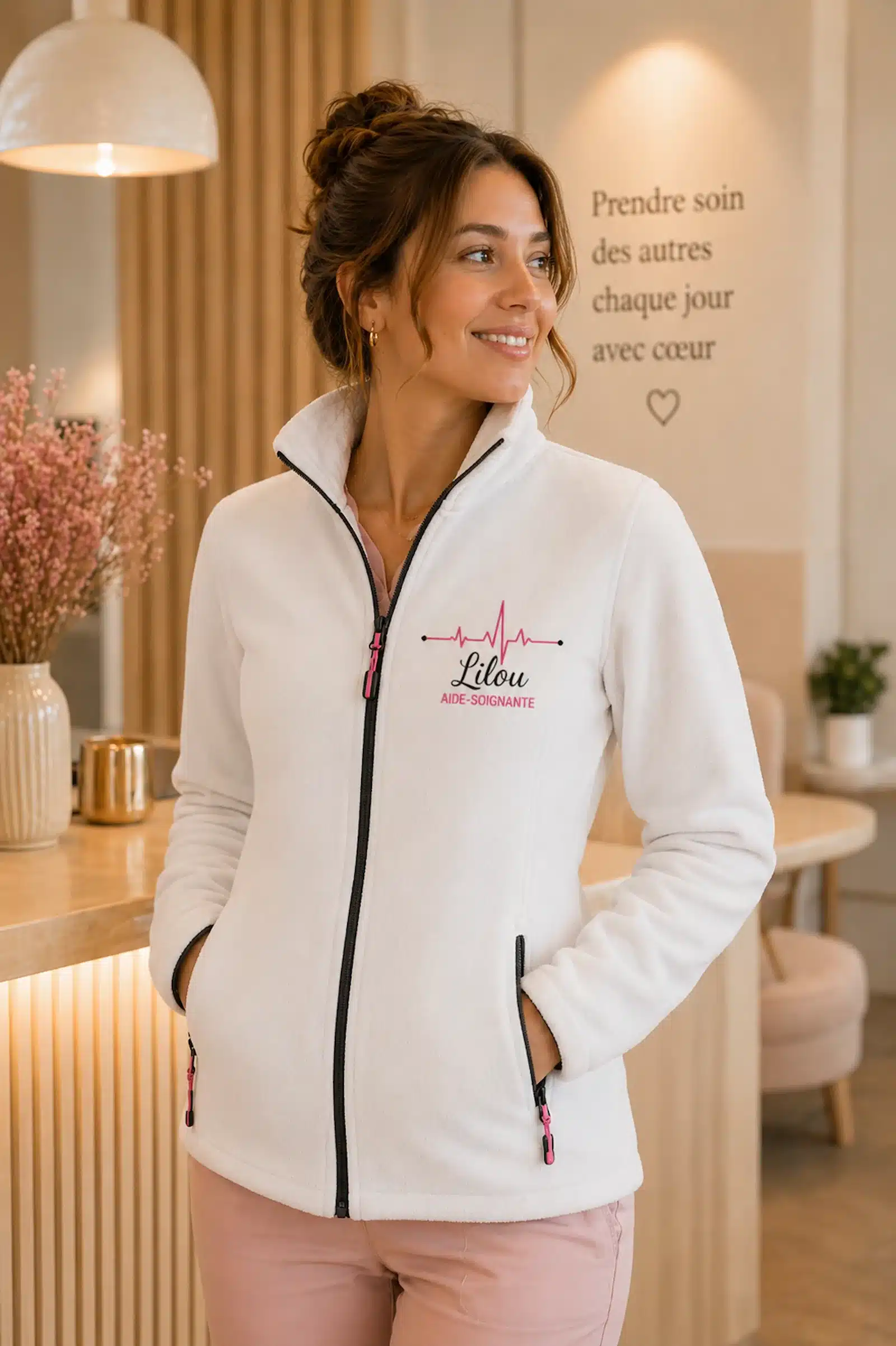 professionnelle portant une polaire blanche personnalisée brodée avec prénom Lilou aide-soignante