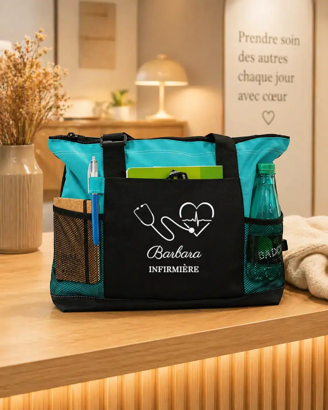 sac professionnel personnalisé turquoise et noir avec prénom Nathalie infirmière